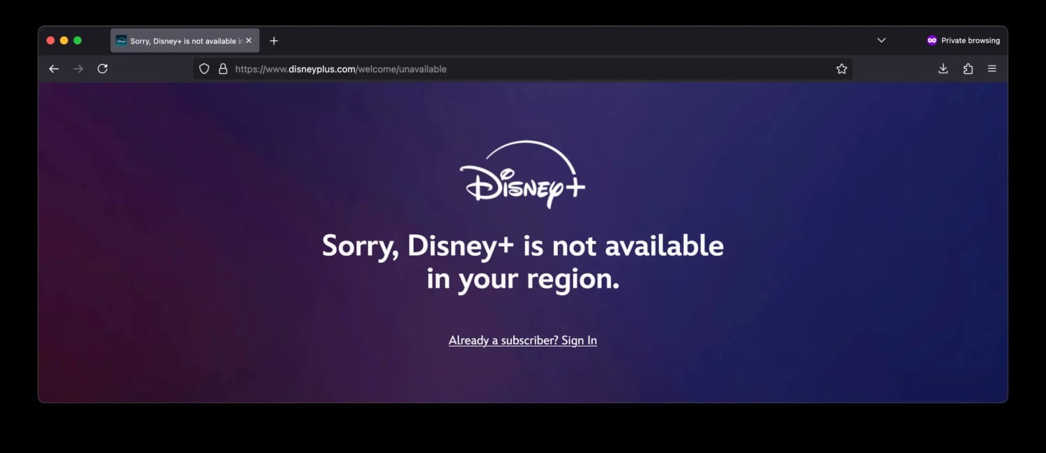 Disney Plus error screen when using a VPN