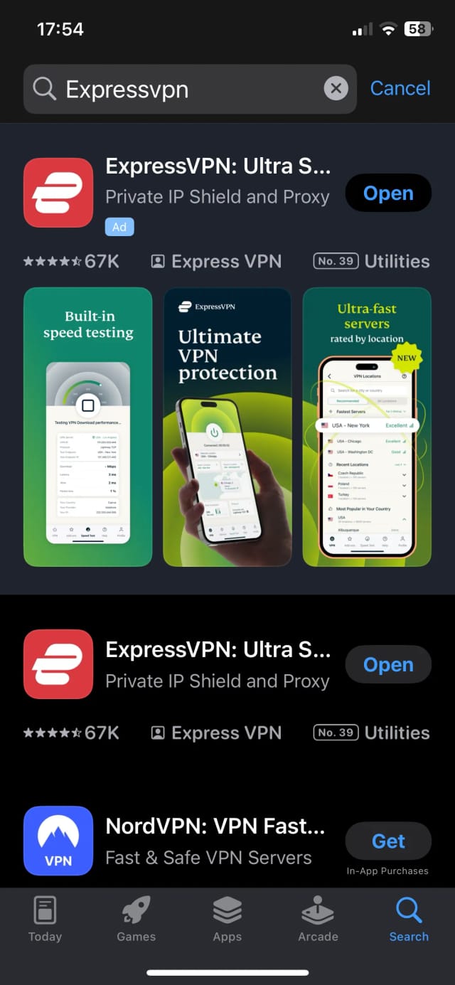 Listing of the ExpressVPN app in the Apple App Store