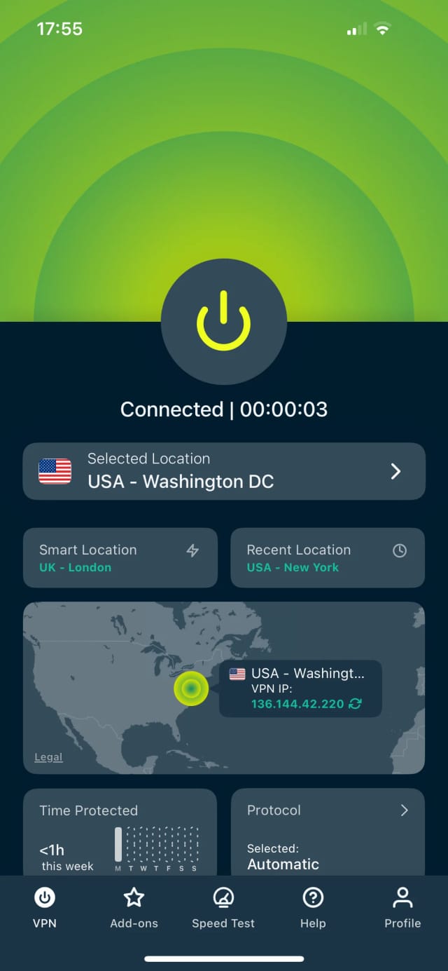 Connected to an ExpressVPN US server in the iOS app