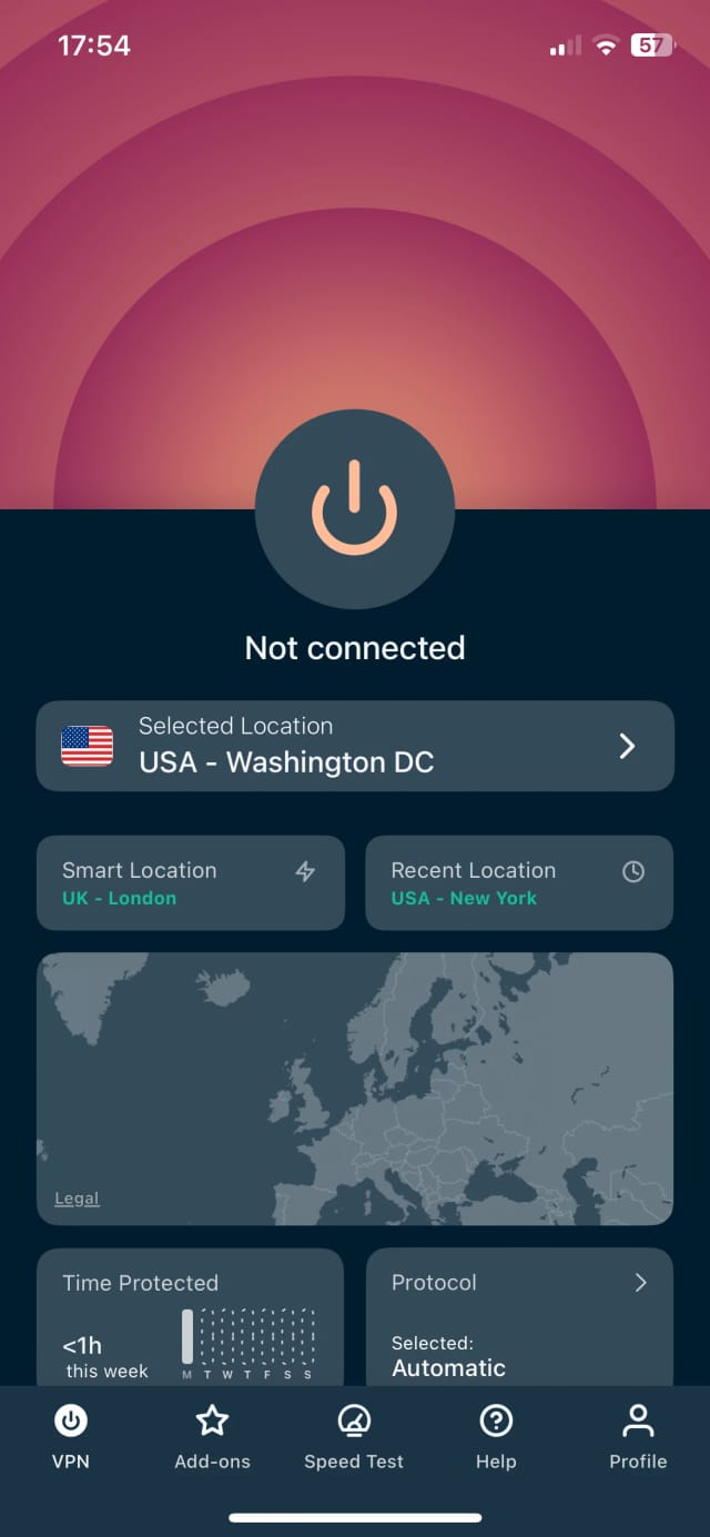 The ExpressVPN iOS app home screen