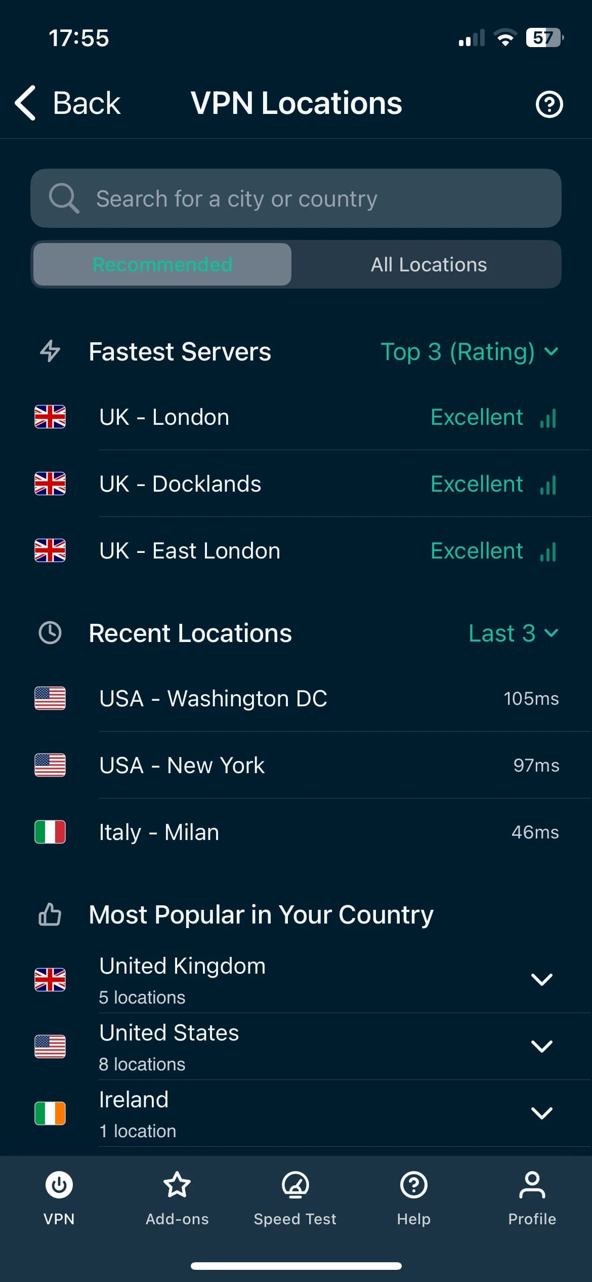 Das Menü der ExpressVPN-Serverstandorte in der iOS-App