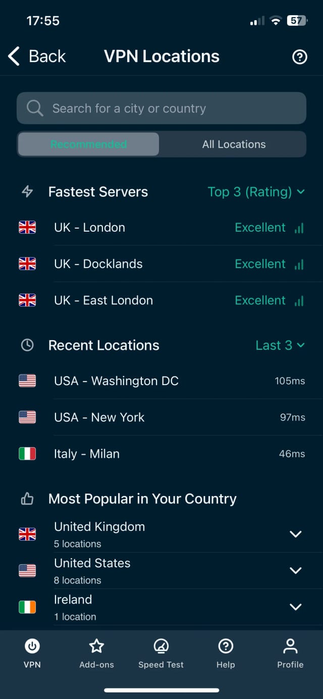 ExpressVPN's server locations menu in the iOS app