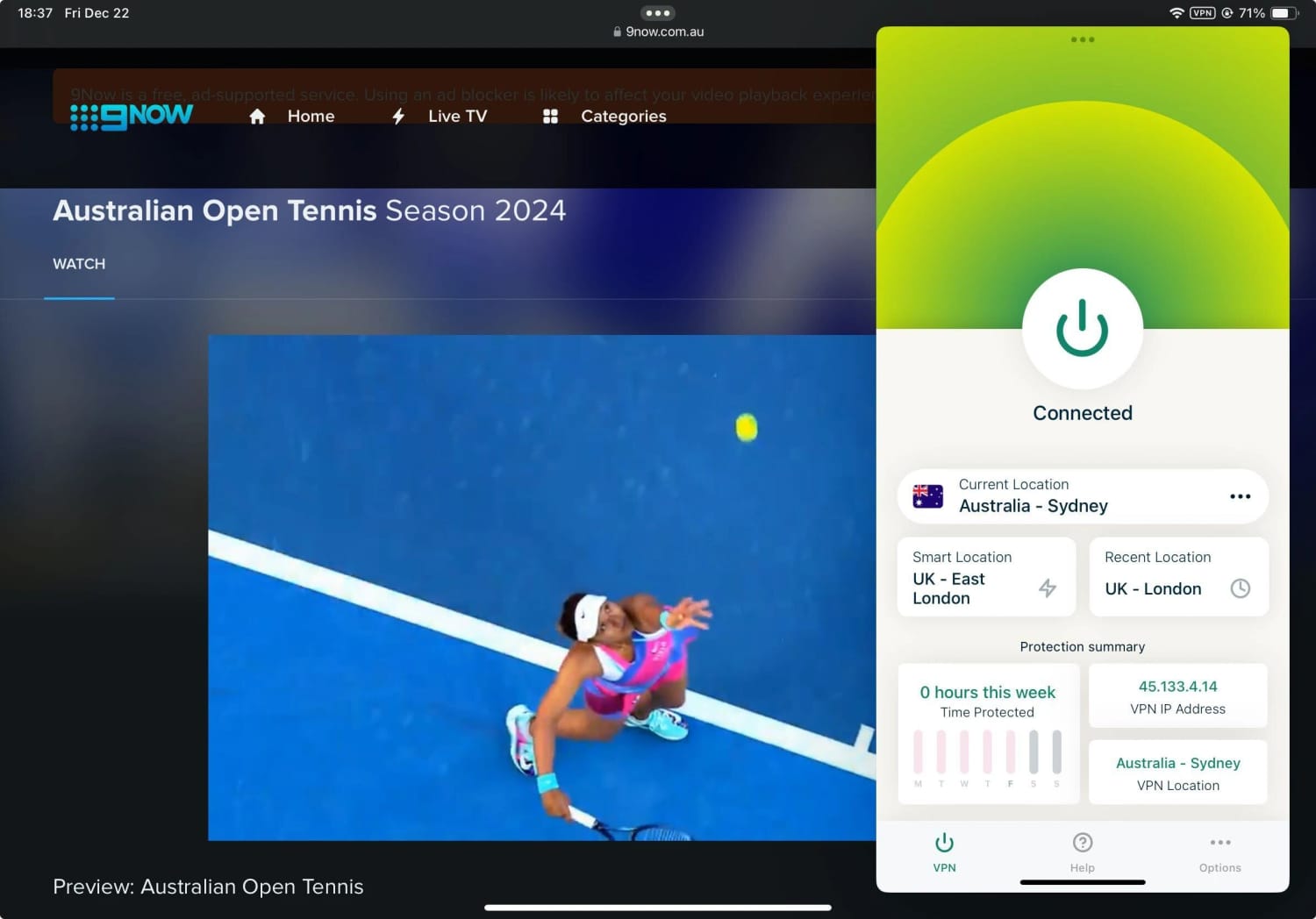 Vimos tenis en 9now usando la aplicación para iOS de ExpressVPN