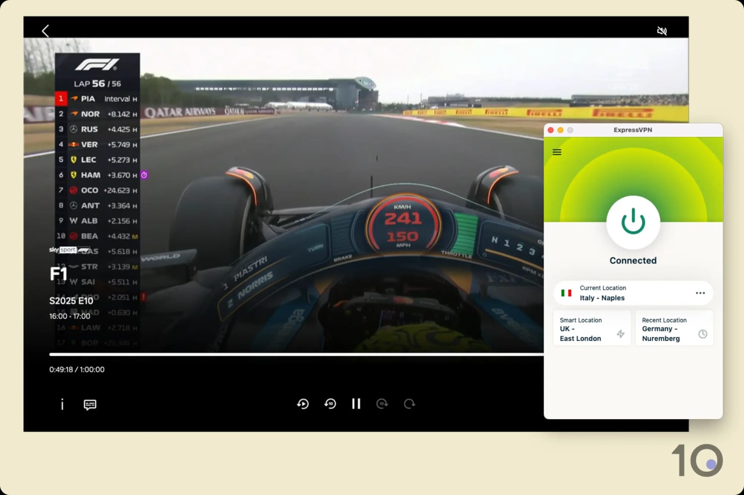 Sky Go Italia dall’estero con ExpressVPN, canale F1.
