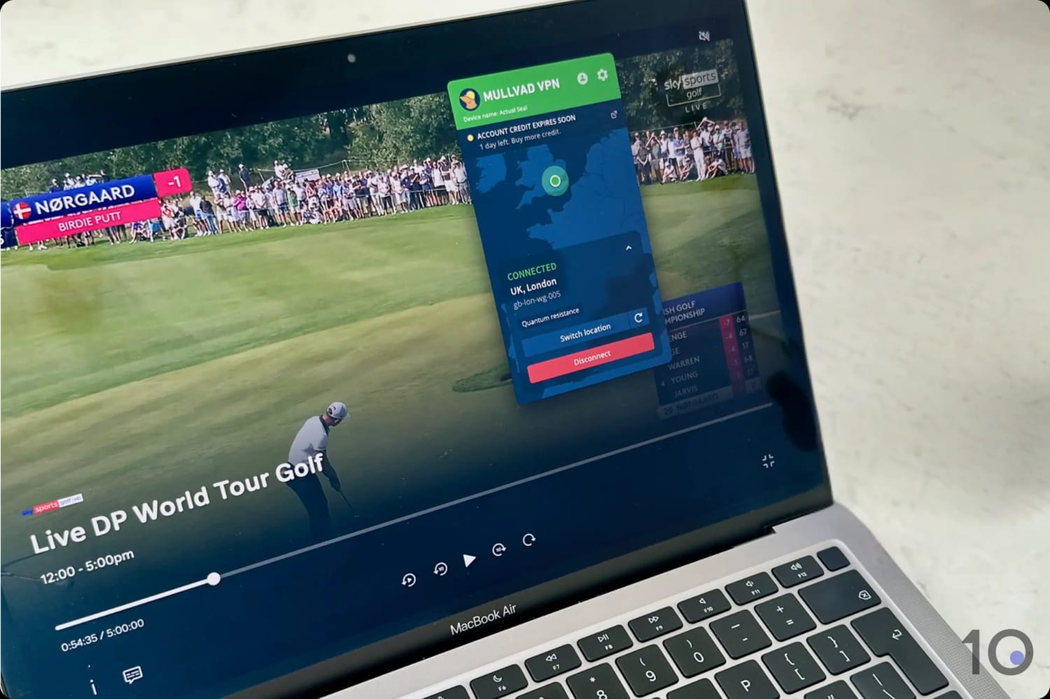 Watching World Tour golf on Sky Go connected to Mullvad's London server