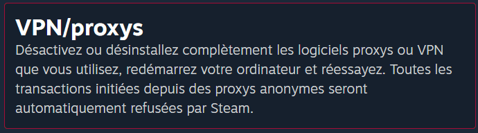 Un message d'assistance de Steam suggérant de désactiver tous les VPN ou proxy avant de tenter un achat.