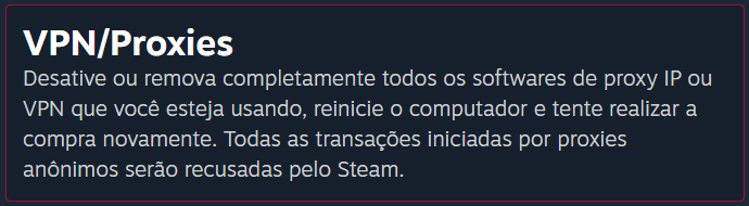 Uma mensagem de suporte do Steam sugerindo desativar todas as VPNs ou proxies antes de tentar realizar uma compra
