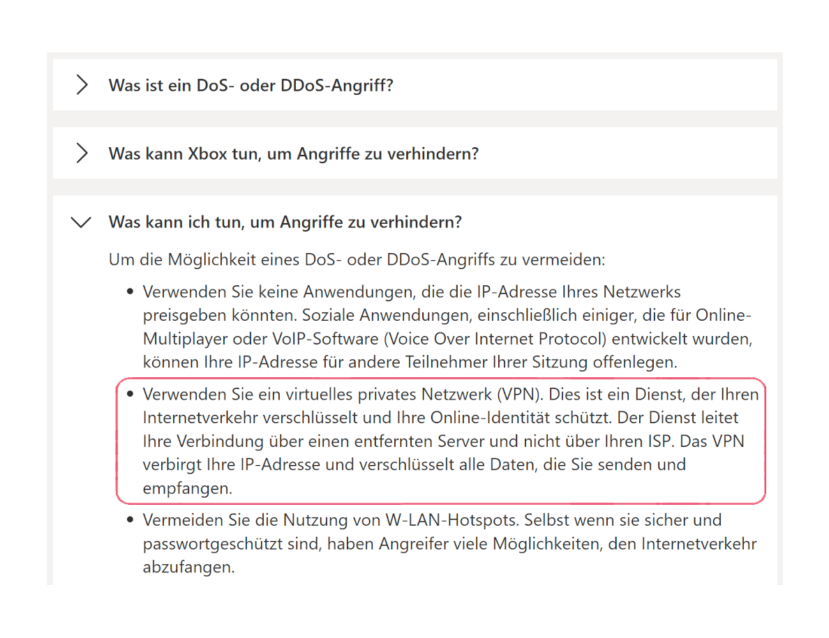 Xbox Support empfiehlt die Verwendung eines VPN, um DoS- und DDoS-Angriffe zu verhindern