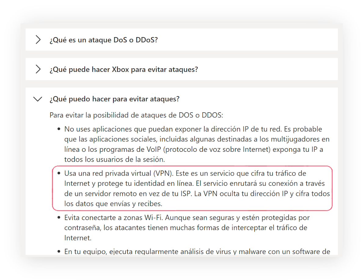 Xbox Support reomiendo usar una VPN para evitar los ataques DoS y DDoS