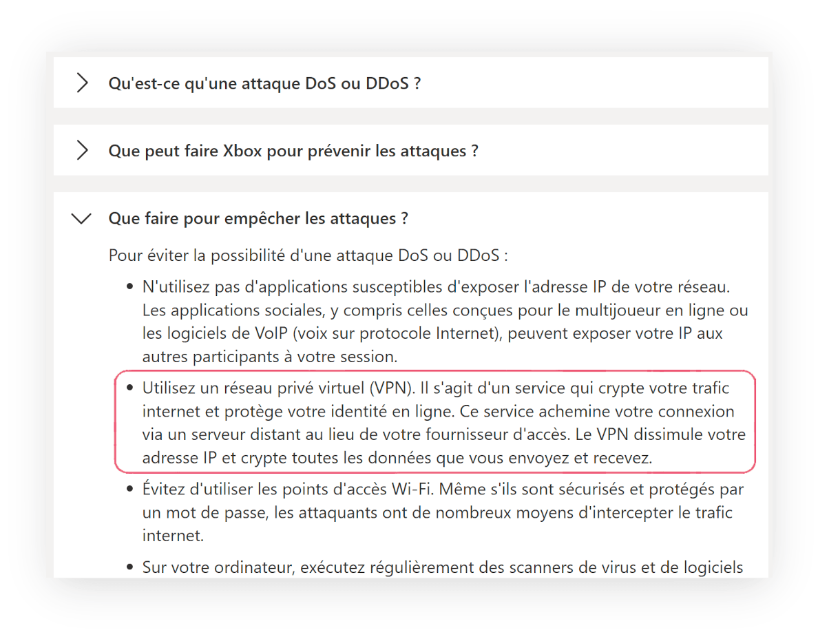Le support Xbox conseille d'utiliser un VPN pour éviter les attaques DoS et DDoS