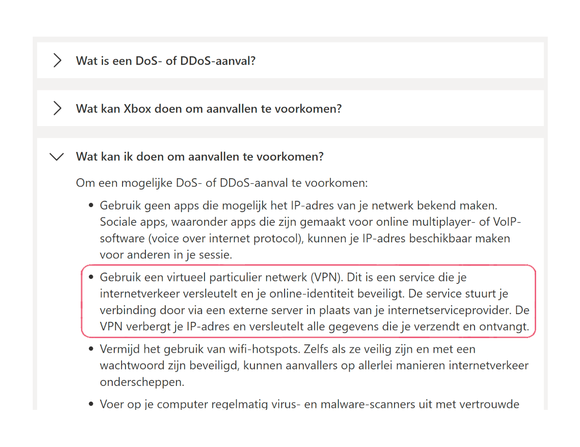 Xbox Support adviseert om een VPN te gebruiken om DoS- en DDoS-aanvallen te voorkomen