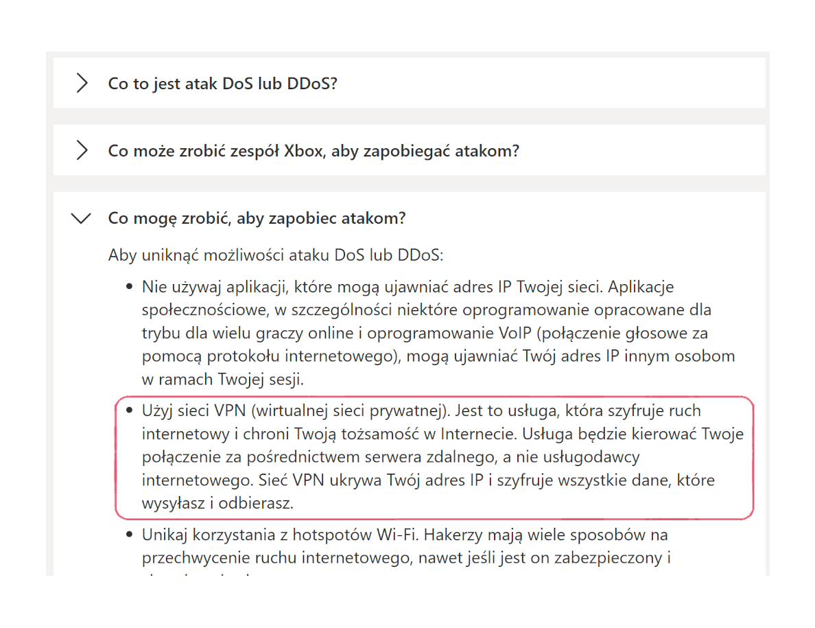 Dział wsparcia Xbox zaleca używanie VPN-u, aby zapobiegać atakom DoS i DDoS