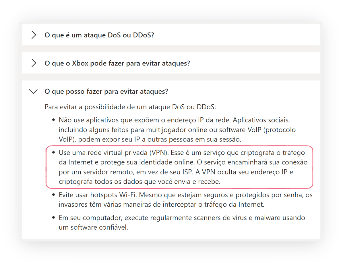 O Xbox Support sugere usar uma VPN para impedir ataques DoS e DDoS