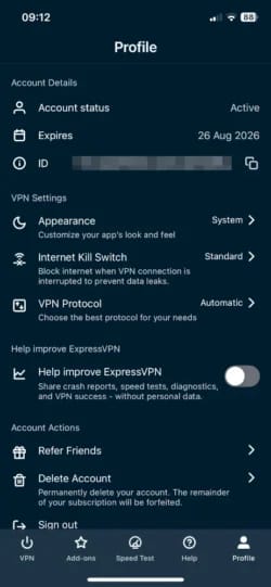 Impostazioni di ExpressVPN nell'app iOS