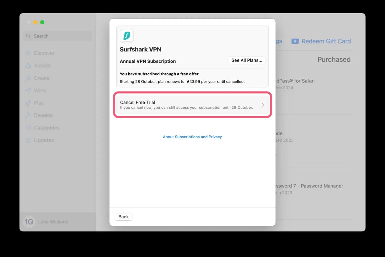 Cancelling Surfshark free trial on macOS