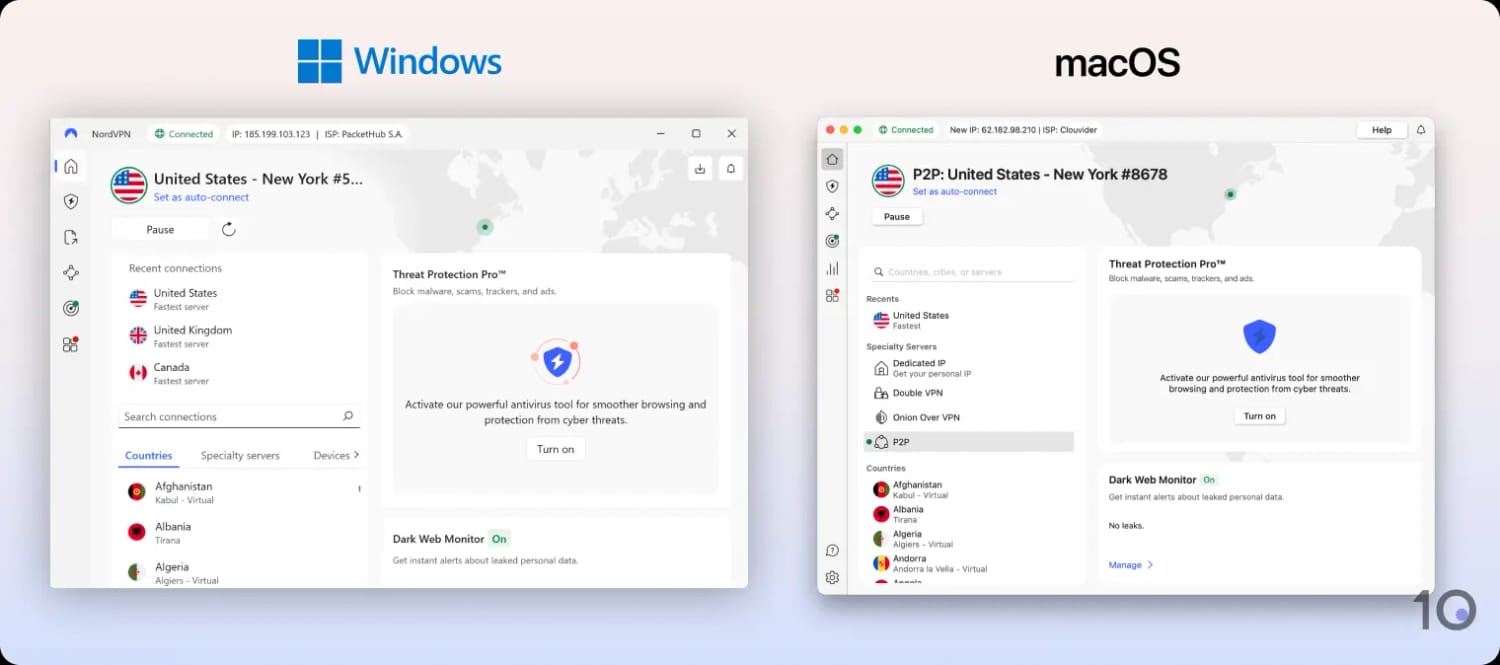 NordVPN's apps for Windows and macOS