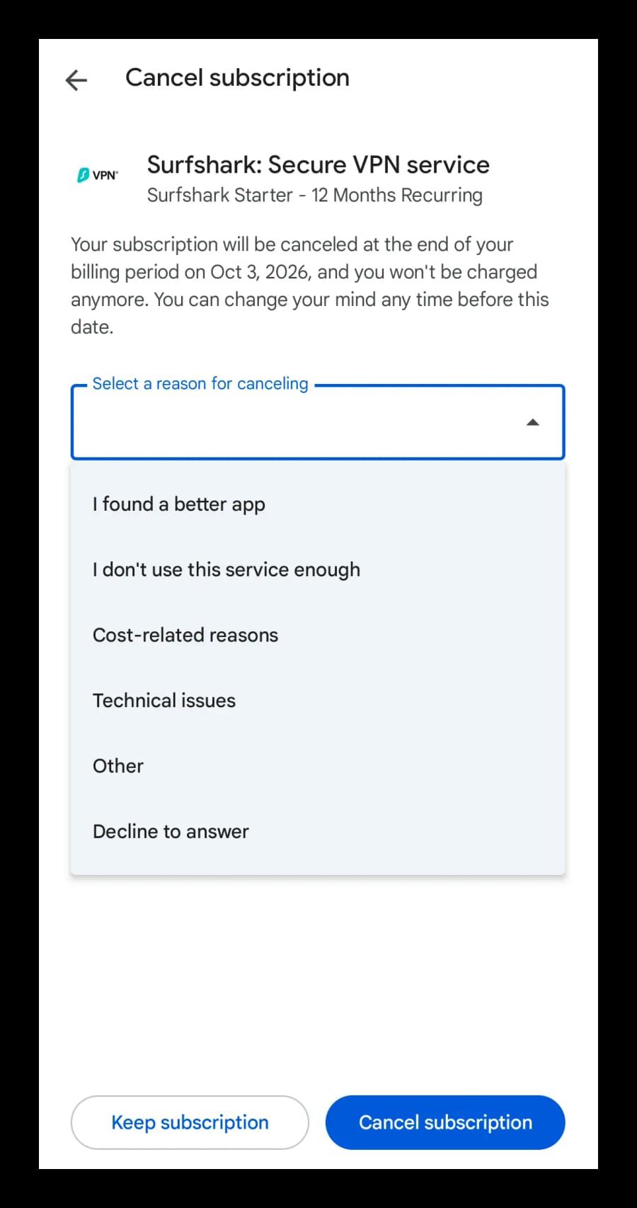 Surfshark list of subscription cancellation reasons