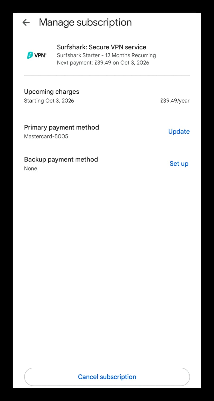 Cancel your Surfshark free trial from your Google Play account