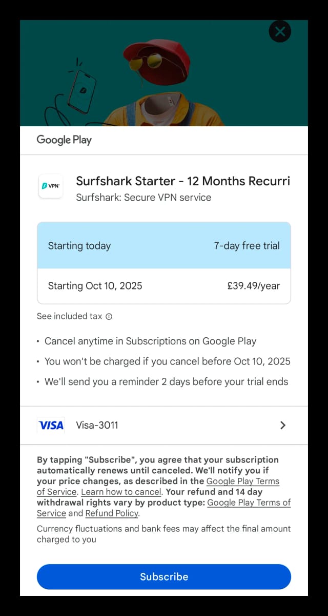 Surfshark Android free trial payment