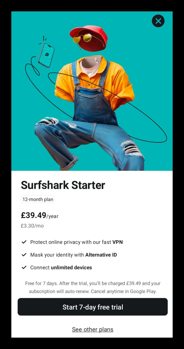 Surfshark Android free trial start screen