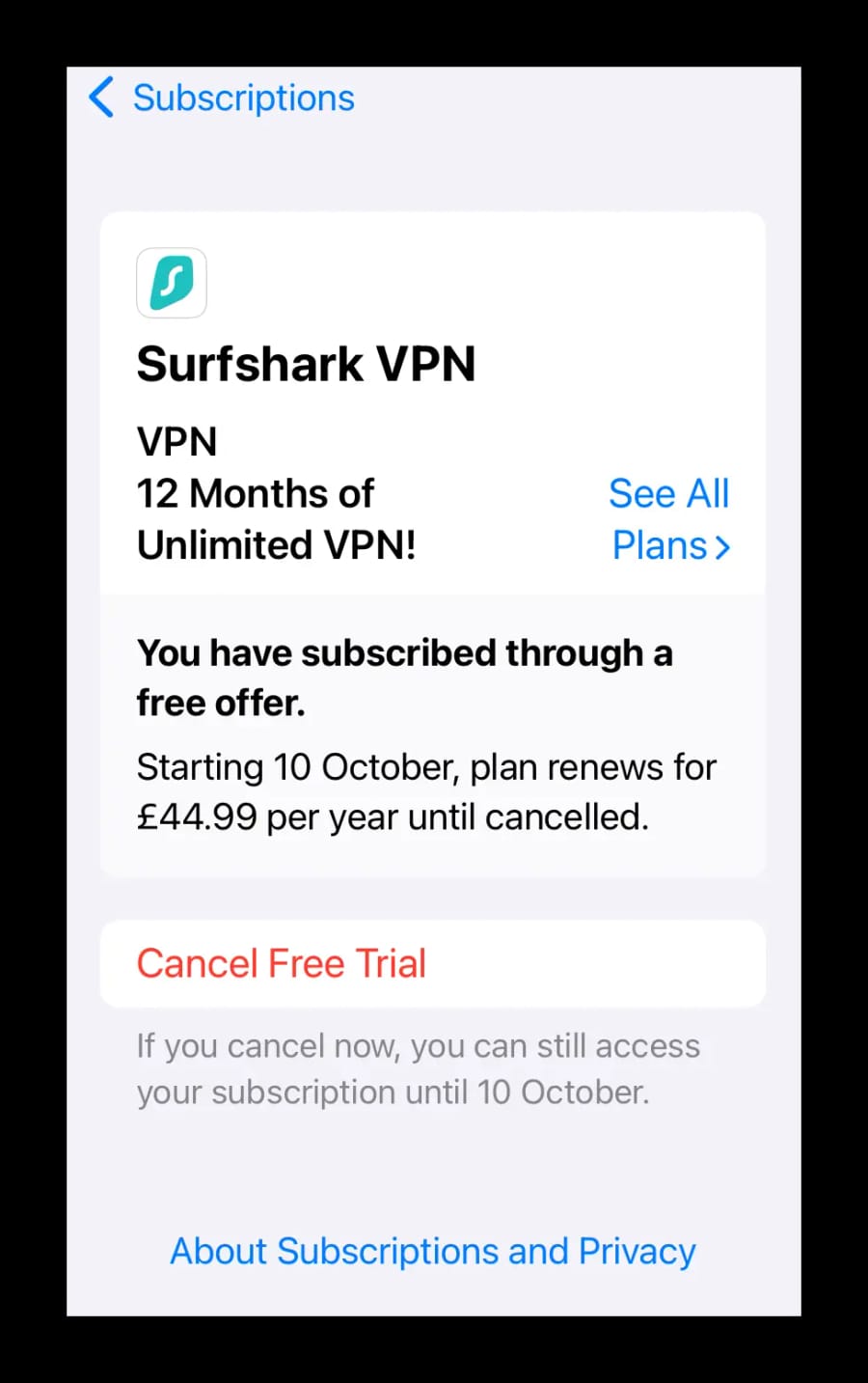 Surfshark iOS free trial - Cancel Free Trial button