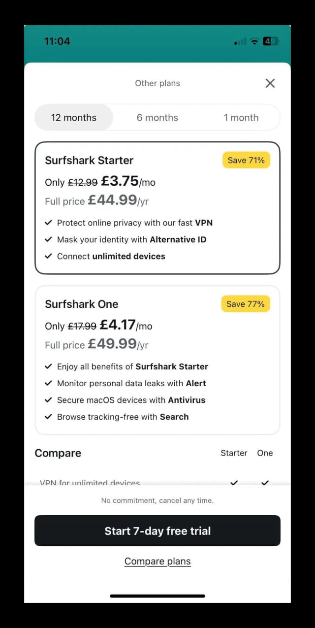 Surfshark iOS free trial pricing plans