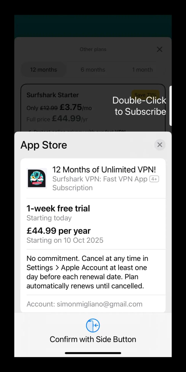 Surfshark iOS free trial purchase