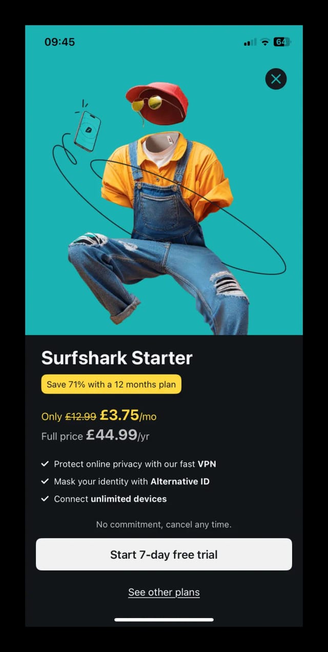 Surfshark iOS free trial start screen