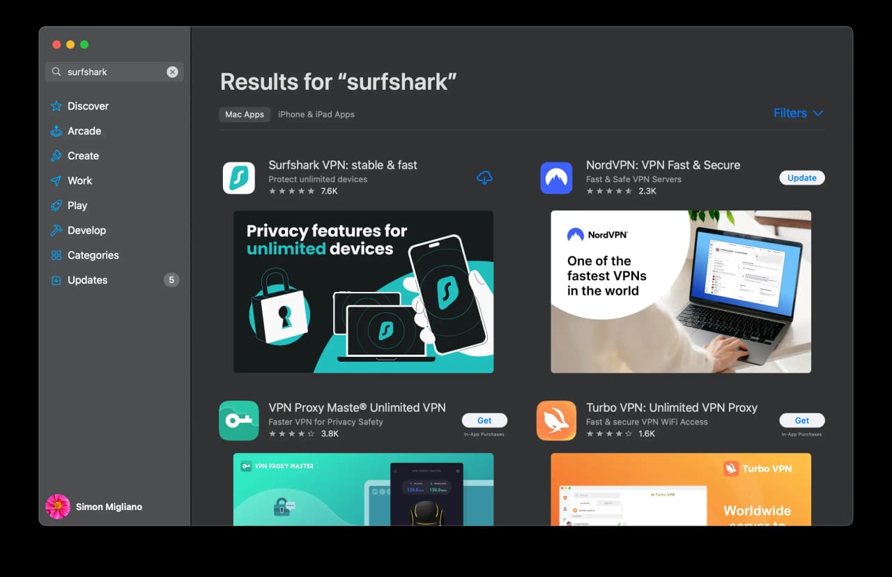 Surfshark Mac App Store listing