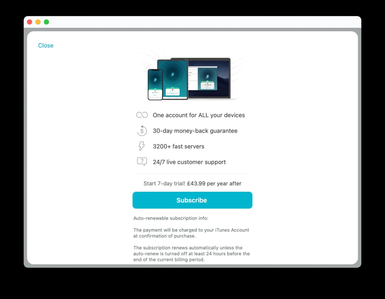 Surfshark Mac app subscription screen