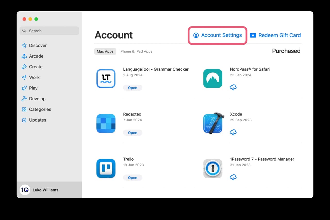 Account page on macOS App Store