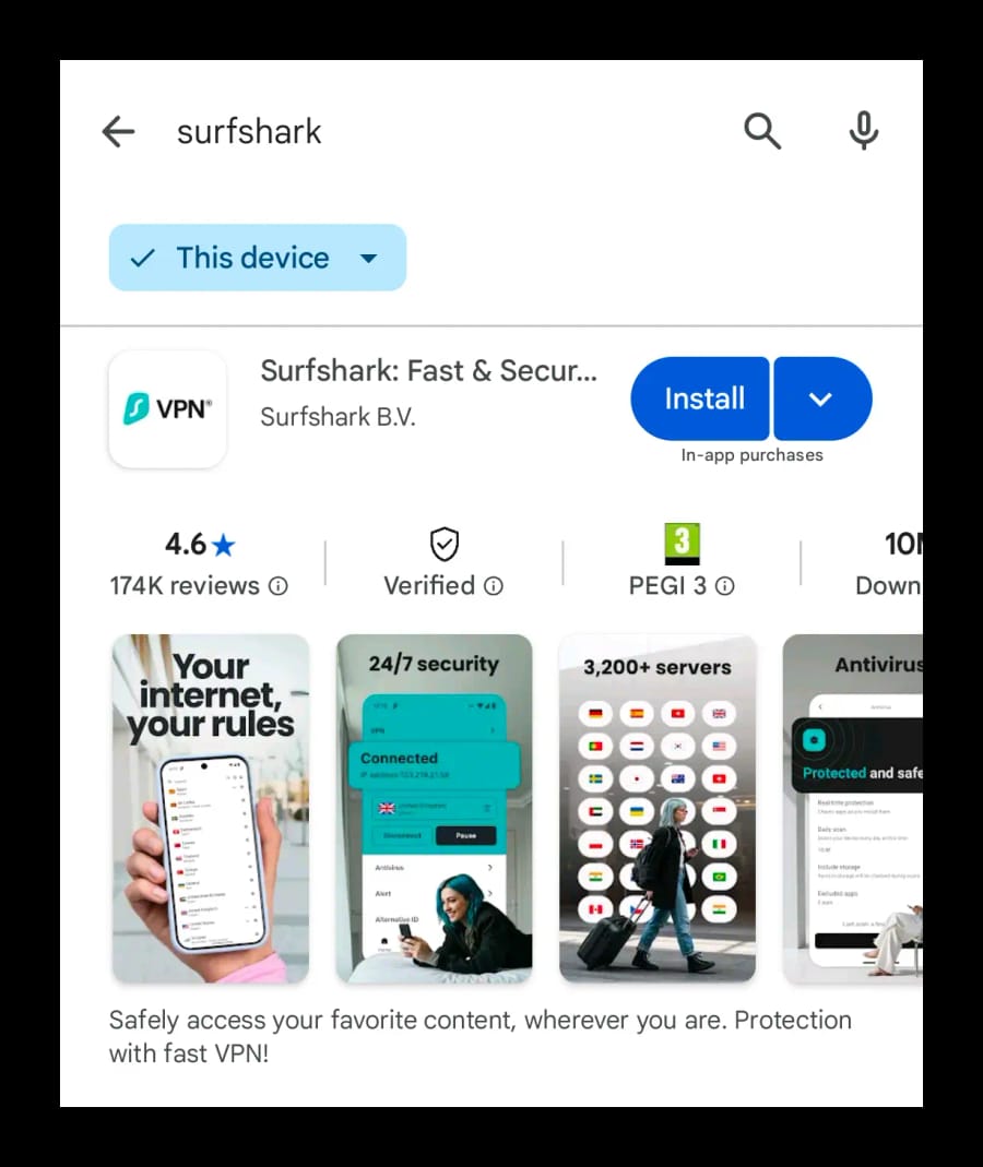 Surfshark free trial Android Play Store listing