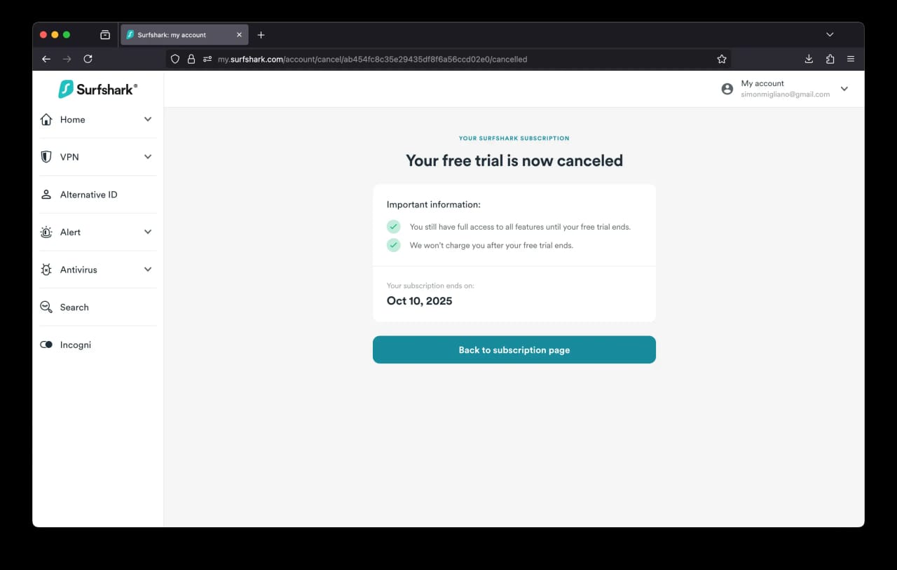 Surfshark free trial web cancellation confirmation