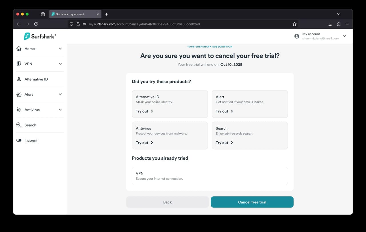 Surfshark free trial Windows cancellation confirmation