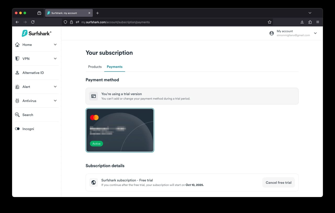 Surfshark free trial cancellation via website