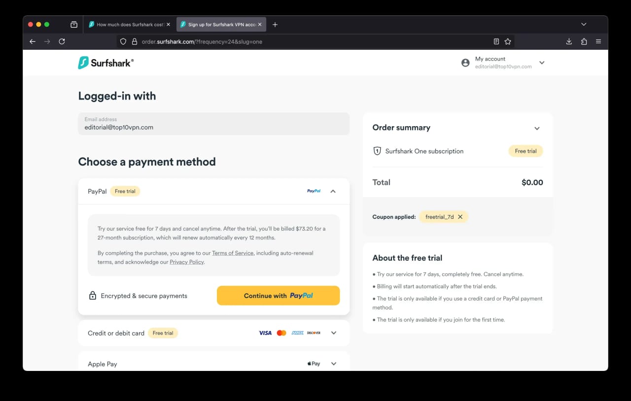 Only credit card and PayPal are eligible for the Surfshark free trial