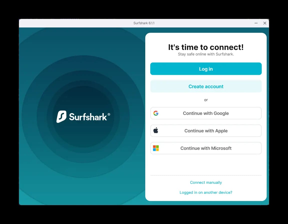 Surfshark PC free trial login screen