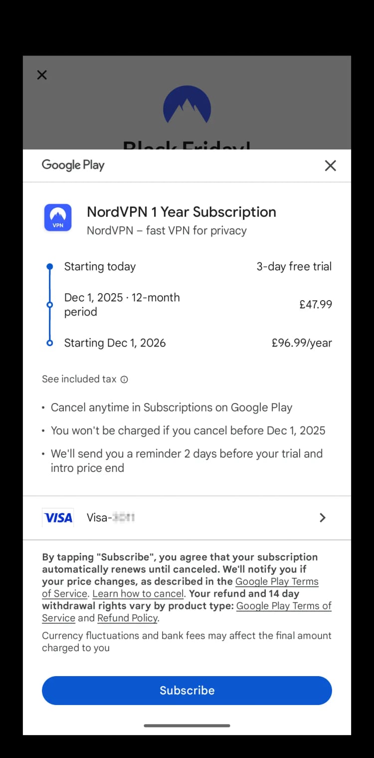 Play Store-Abonnementeinstellungen für NordVPN