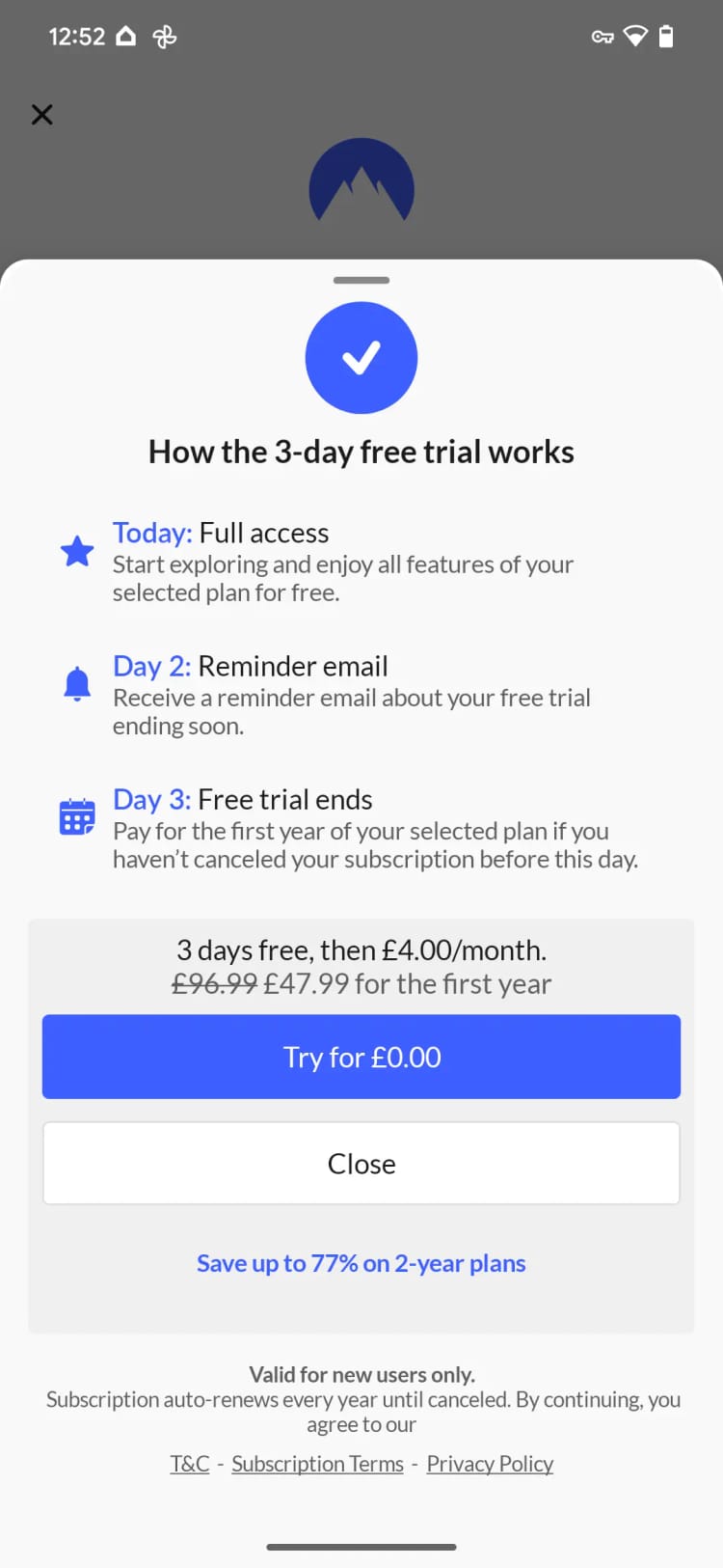 Activeringsscherm voor de gratis proefperiode van NordVPN