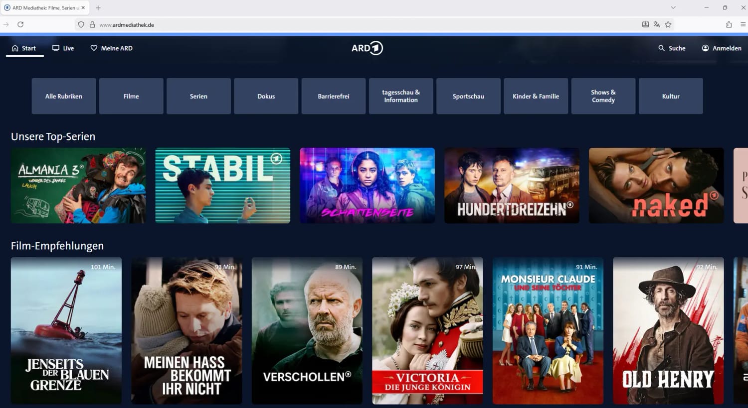 Startseite der ARD Mediathek