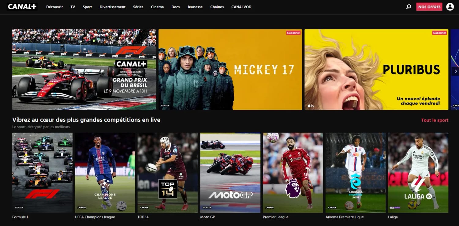 Écran d'accueil de Canal+