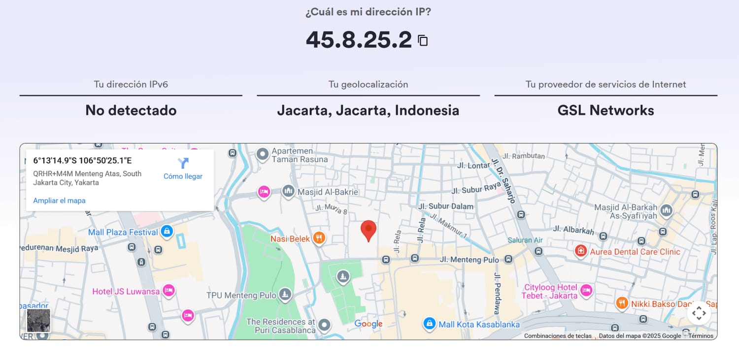 Herramienta de consulta de IP mostrando una dirección IP de Indonesia