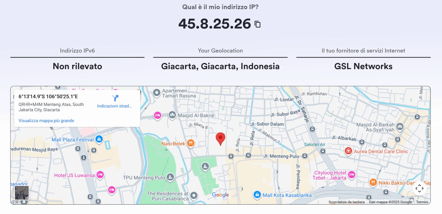 Controllo dell'indirizzo IP che mostra la posizione di un indirizzo IP indonesiano