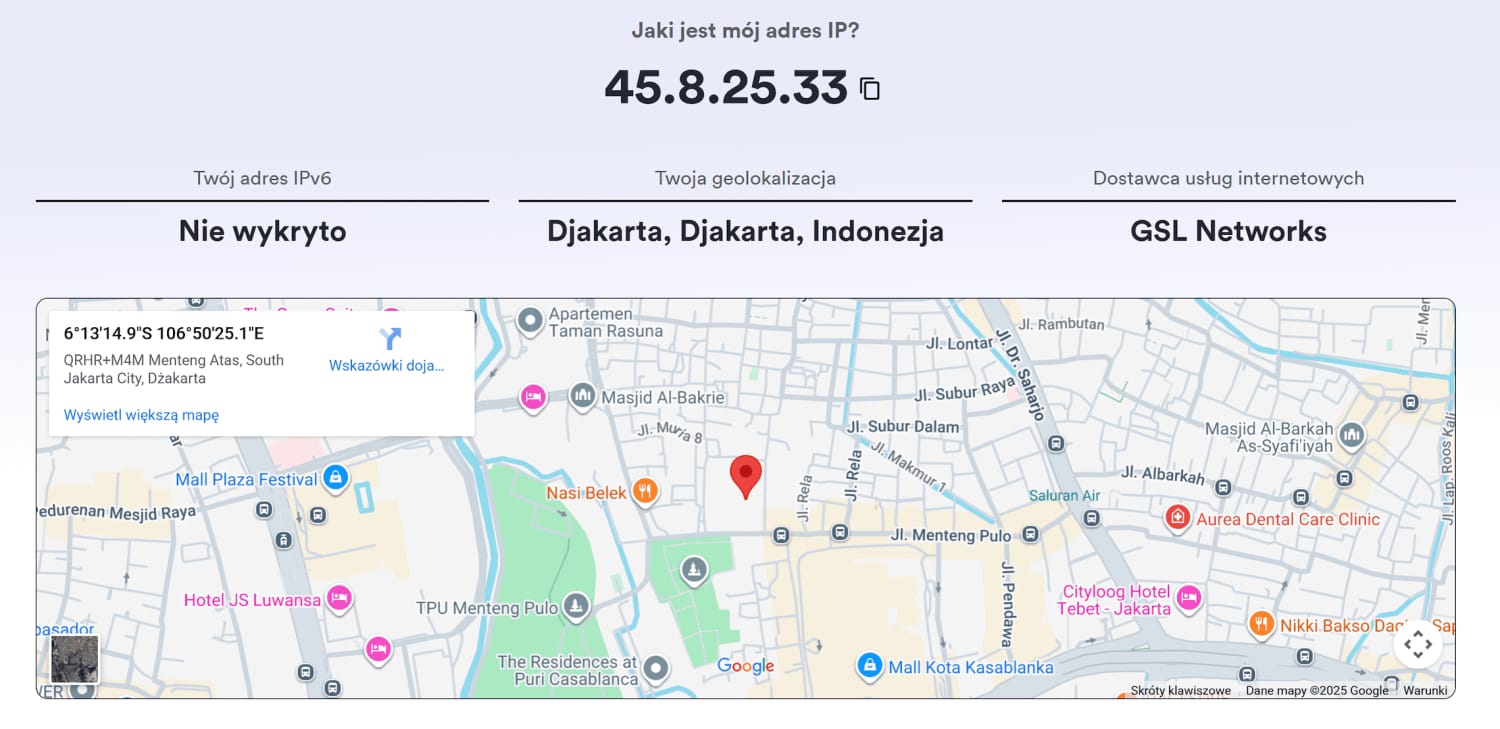 Narzędzie do sprawdzania adresu IP pokazuje indonezyjski adres IP