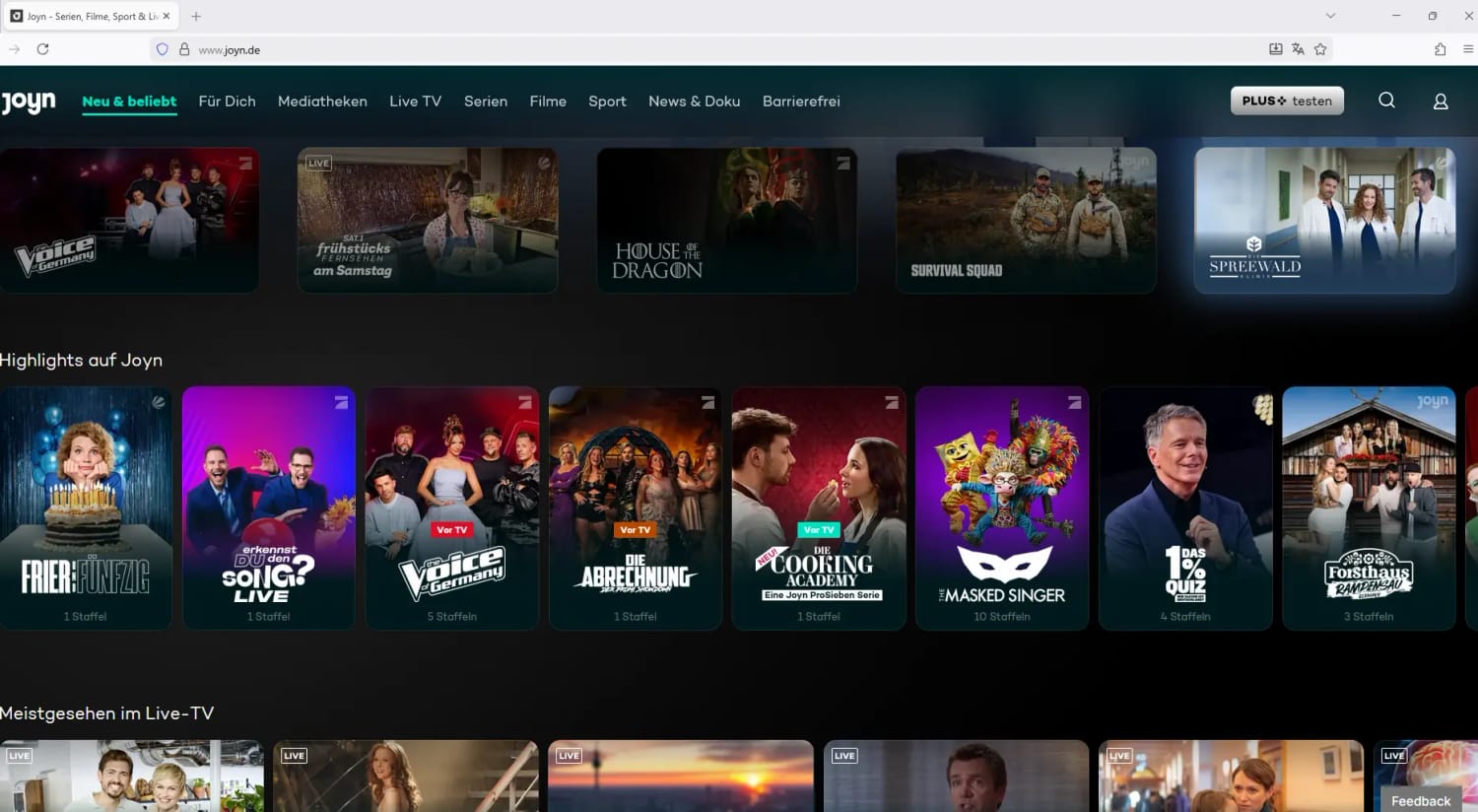 Startseite des Streaming-Dienstes Joyn