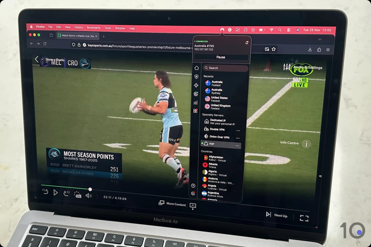We Accessed Kayo Sports on Mac Using NordVPN
