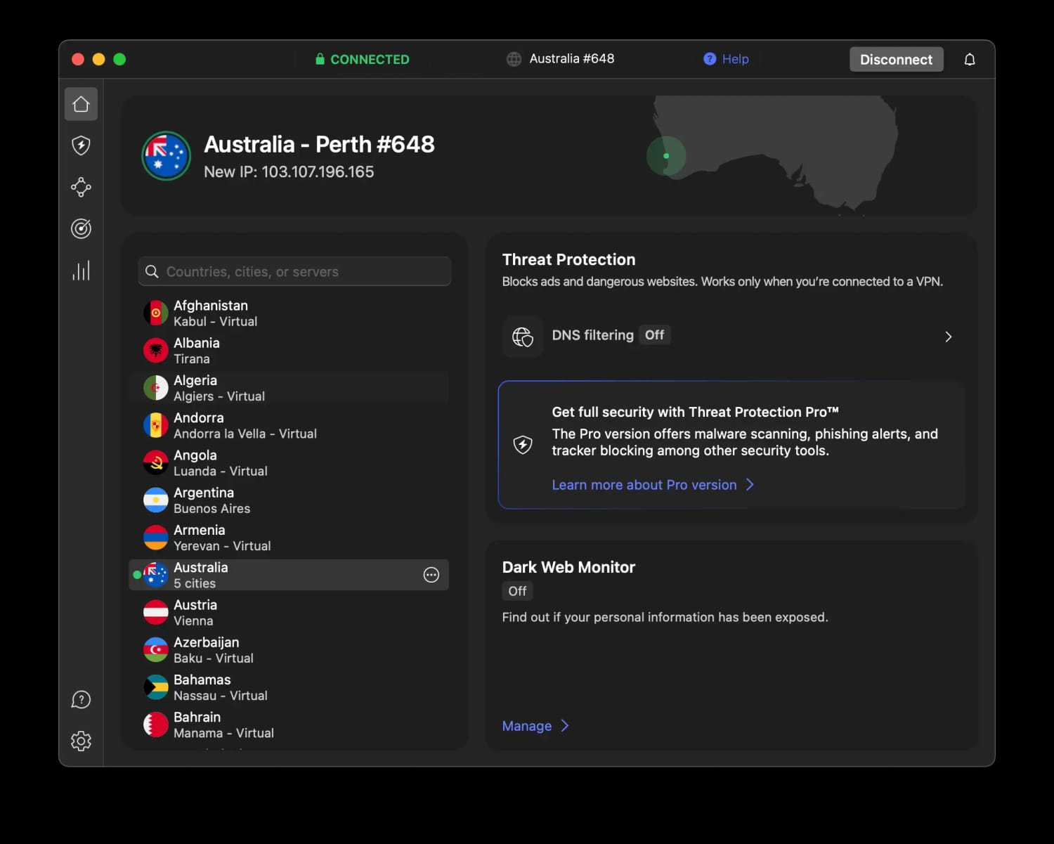 NordVPN's macOS App in Dark Mode