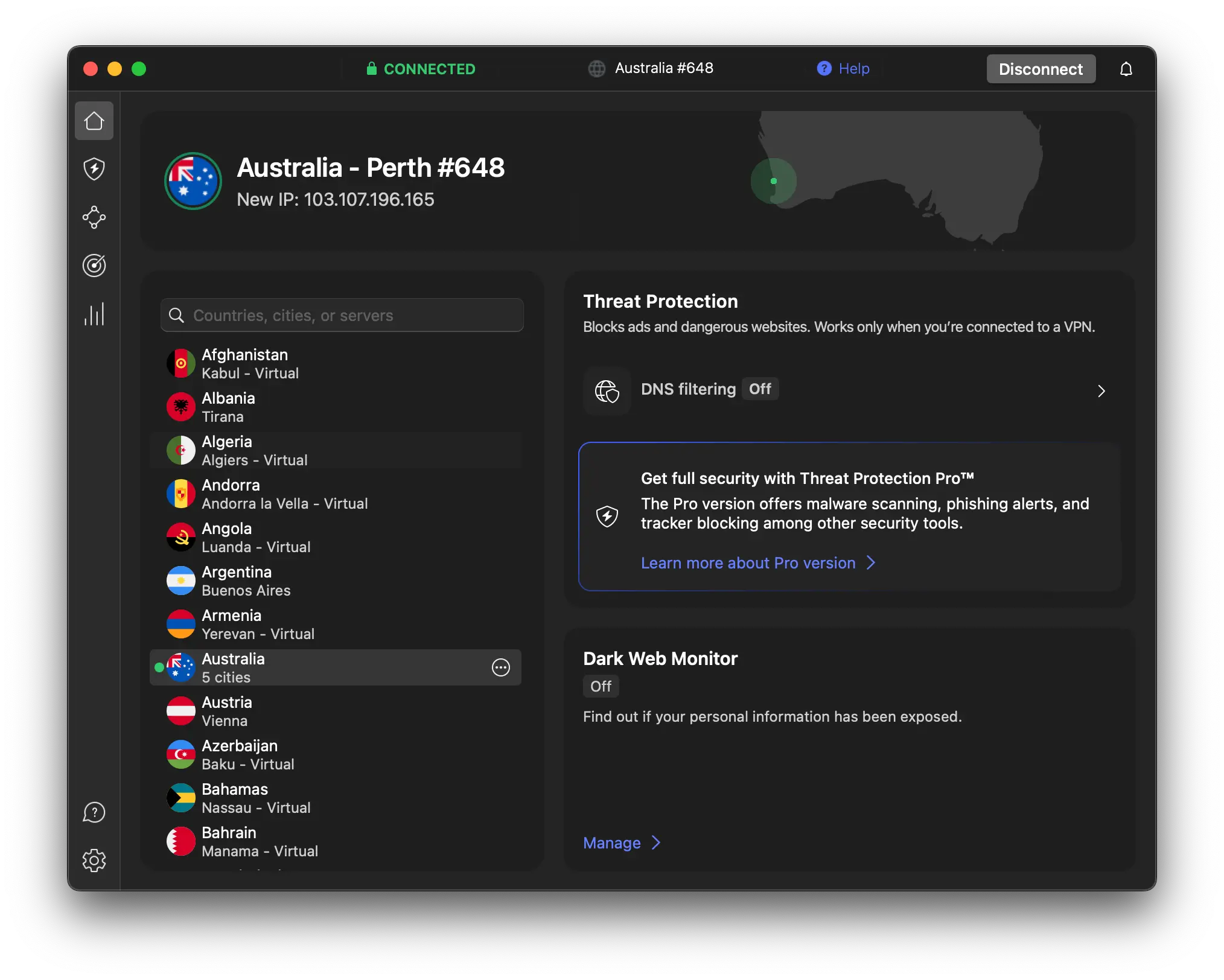 App NordVPN per macOS in modalità scura