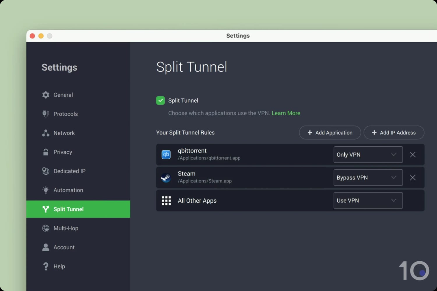 PIA VPN split tunneling