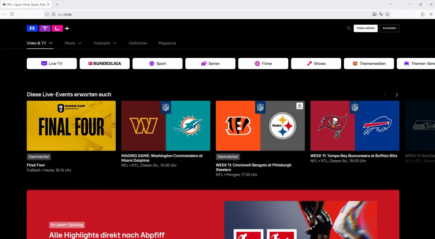 Startseite des Streaming-Dienstes RTL+